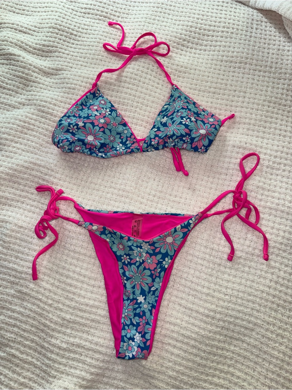 SHEIN Pink & Blue Floral Tie Bikini Set